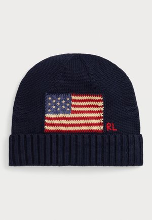 Strickmütze in Marineblau mit einem gestickten Design der amerikanischen Flagge in Rot, Weiß und Blau; verfügt über einen strukturierten Rippenbund und ein "RL" Detail.