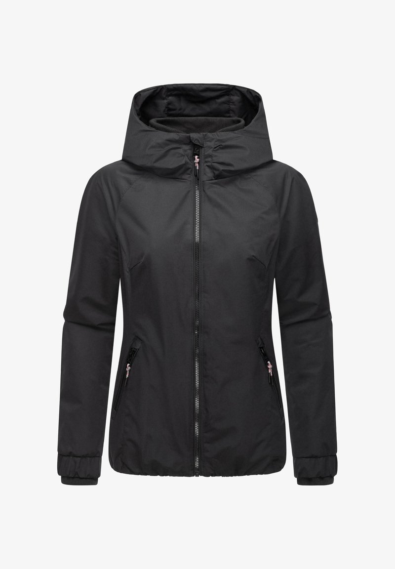 Juodas, užtrauktuku užsisegantis džemperis su gobtuvu, turintis elastingas rankoves ir dvi šonines kišenes. Lygus audinys su prigludusia forma.