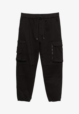 Schwarze Cargohose aus Baumwolle mit elastischem Bund, verstellbarem Kordelzug und mehreren Taschen mit Reißverschluss.