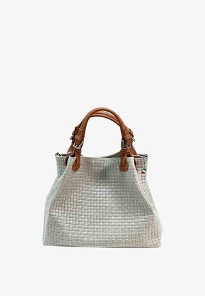 Light gray, woven-texture handbag with brown leather handles and accents. Features a top opening and a small Italian flag detail.