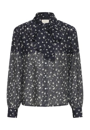 Tengerészkék blúz fehér virágmintával, hosszú puffos ujjak, gombos elülső rész és megkötött masni a magas gallérnál.