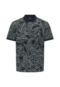 Short-sleeve polo shirt in dark navy with a light leaf pattern, featuring a collar and two-button placket. Made from breathable fabric.