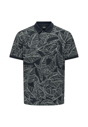 Short-sleeve polo shirt in dark navy with a light leaf pattern, featuring a collar and two-button placket. Made from breathable fabric.