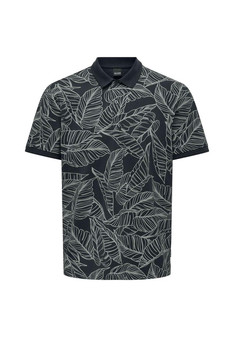 Short-sleeve polo shirt in dark navy with a light leaf pattern, featuring a collar and two-button placket. Made from breathable fabric.