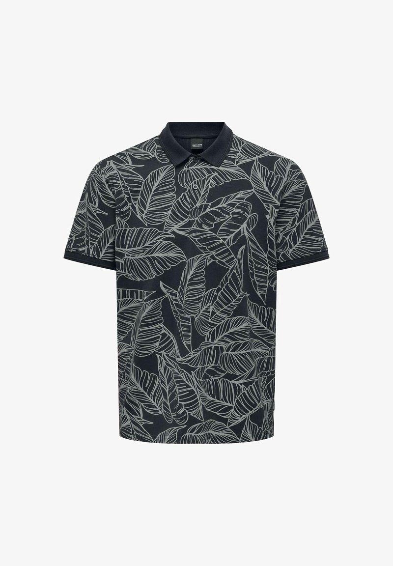 Kurzarm-Polohemd in dunklem Marineblau mit einem hellen Blättermuster, ausgestattet mit einem Kragen und einer Zwei-Knopf-Leiste. Hergestellt aus atmungsaktivem Material.