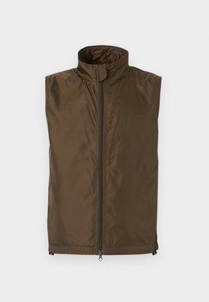 Gilet marrone senza maniche con collo alto e zip frontale completa, realizzato in tessuto leggero leggermente lucido, mostrato disteso su sfondo bianco.