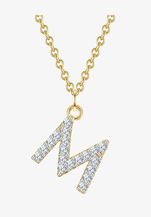 Zlatý náhrdelník s reťazou, ktorý obsahuje trblietavý pendant vo forme písmena "M" ozdobený čírymi rhinestones, vystihujúci geometrický dizajn a lesklý povrch.