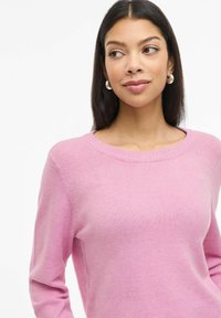 Gaiši rozā adīta džempera ar klasisku apaļu kakla izgriezumu un garām piedurknēm, ar gludu tekstūru un minimālistisku dizainu.