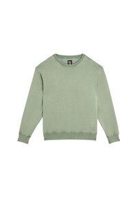 Sweatshirt vert clair en mélange de coton, avec un col rond, des manches longues, des poignets et un ourlet côtelés, et un détail de logo en bas à gauche.