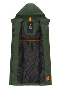 Green hooded parka with a zip and snap closure. Interior features black lining with logos, and an orange accent tag near the hem.