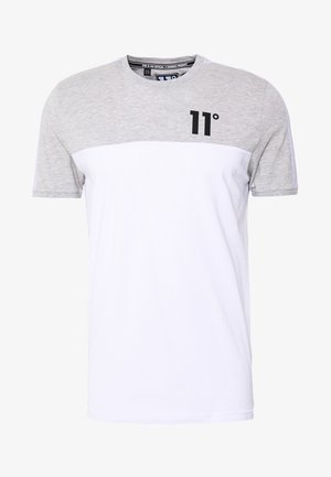 Short-sleeve t-shirt with a gray upper section and white lower section, made of soft fabric. Features a black "11°" logo on the chest.