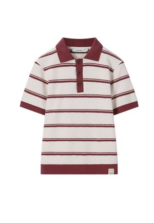 Polo blanc à manches courtes avec des rayures horizontales bordeaux, col bordeaux, patte de boutonnage, poignets de manches et détail à l'ourlet.