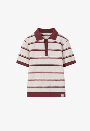 Polo blanc à manches courtes avec des rayures horizontales bordeaux, col bordeaux, patte de boutonnage, poignets de manches et détail à l'ourlet.
