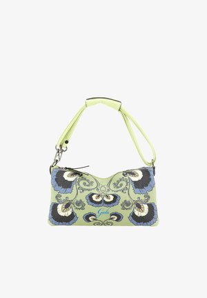 Borsa verde con motivo floreale a farfalla, con accenti neri e blu, forma curva e tracolla abbinata e removibile.
