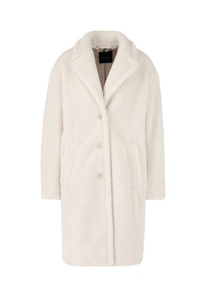 Faux fur coat in off-white, featuring a notched collar, three front buttons, two side pockets, and a soft, textured surface.