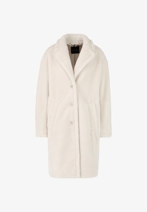 Faux fur coat in off-white, featuring a notched collar, three front buttons, two side pockets, and a soft, textured surface.