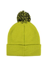 Bonnet d'hiver tricoté vert vif avec un revers replié et un pompon noir et vert sur le dessus, isolé sur un fond blanc.