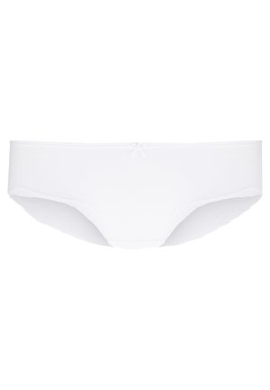 White cotton briefs with a smooth finish, featuring a lace trim along the leg openings and a small bow accent at the front waist.