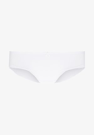 Weiße Baumwollslips mit glatter Oberfläche, die einen Spitzenbesatz entlang der Beinausschnitte und eine kleine Schleifenakzent an der vorderen Taille aufweisen.