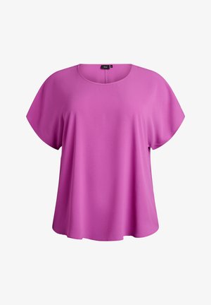 Roza majica s kratkimi rokavi iz teksturirane tkanine, z okroglim izrezom in ohlapnim krojem z nežno padajočimi stranicami.