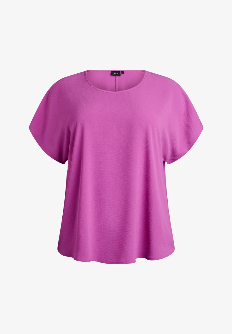 Roosa lühikeste varrukatega pluus tekstuurse kangaga, millel on ümmargune kaelus ja lahtine lõige pehmete, voolavate külgedega.