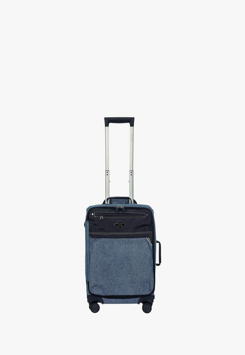 Valise souple bleue avec poches avant zippées noires, poignée télescopique, poignée latérale et quatre roues pivotantes.