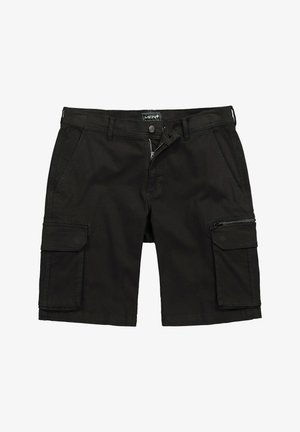 Zwarte heren cargoshorts met ritssluiting en knoopsluiting, zijzakken inclusief een met rits op het rechterbeen, en riemlussen.