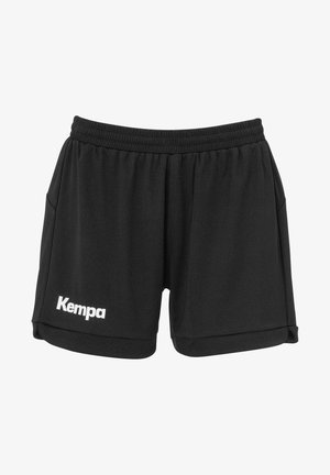 Shorts de sport noirs avec une taille élastique, des poches latérales et un tissu texturé. Le logo "Kempa" est affiché en blanc.