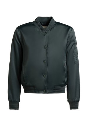 Black satin bomber jacket with snap buttons, ribbed collar, cuffs, and hem, featuring a zippered pocket on the upper left sleeve.