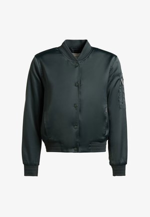 Black satin bomber jacket with snap buttons, ribbed collar, cuffs, and hem, featuring a zippered pocket on the upper left sleeve.
