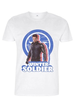 Weißes Baumwoll-T-Shirt mit einem grafischen Druck eines Charakters in schwarzer Kleidung, umgeben von einem blauen kreisförmigen Design und dem Text "WINTER SOLDIER."