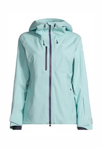 Light teal waterproof jacket with a hood, featuring a front zipper, two zippered pockets, and contrasting purple accents on zippers.