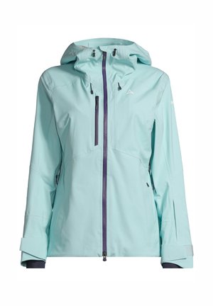 Lichtblauwe waterdichte jas met capuchon, voorzien van een rits aan de voorkant, twee ritszakken en contrasterende paarse accenten op de ritsen.