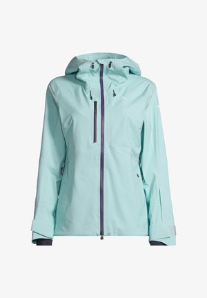 Lichtblauwe waterdichte jas met capuchon, voorzien van een rits aan de voorkant, twee ritszakken en contrasterende paarse accenten op de ritsen.