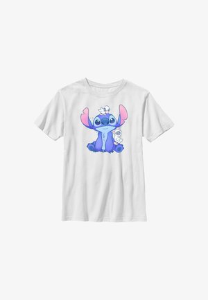 Hvid T-shirt med en siddende blå tegneseriefigur med store lyserøde ører og to små hvide fugle, der sidder på den.