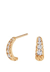 Kolczyki hoop w kolorze złotym z fasetowaną powierzchnią, z pięcioma okrągłymi, przezroczystymi kryształami osadzonymi z jednej strony. Elegancki i nowoczesny design.