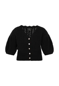 Schwarze Strickjacke mit V-Ausschnitt, Puffärmeln und fünf dekorativen Knöpfen. Die Textur weist ein gemustertes Strickdesign auf.