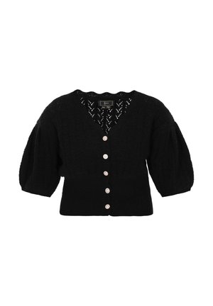 Czarny dzianinowy kardigan z dekoltem w kształcie litery V, bufiastymi rękawami i pięcioma dekoracyjnymi guzikami. Tekstura zawiera wzór splotu.