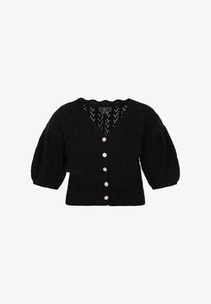 Czarny dzianinowy kardigan z dekoltem w kształcie litery V, bufiastymi rękawami i pięcioma dekoracyjnymi guzikami. Tekstura zawiera wzór splotu.
