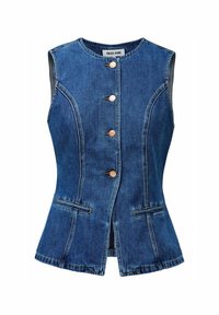 Gilet en denim avec une coupe ajustée, un col rond, une fermeture à boutons sur le devant avec des accents métalliques, et deux poches avant.