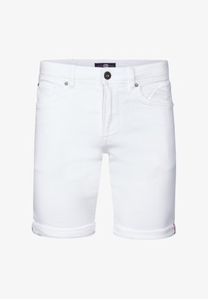 Witte denim shorts met een knoopsluiting, vijf zakken, omgeslagen zoom en een zichtbare merklabel op de tailleband. Over het algemeen een gladde textuur.