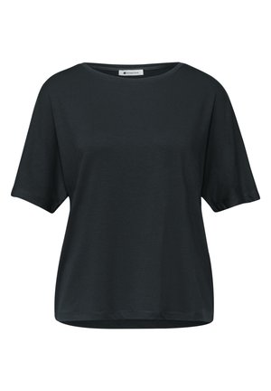 T-shirt noir à manches courtes avec col rond, coupe décontractée, en tissu uni, vue de face.