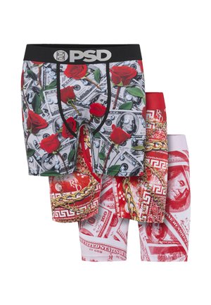 Tre par herreboxershorts med mønstre av penger og roser, inkludert røde, hvite og svarte fargekombinasjoner, samt PSD-logo på linningen.