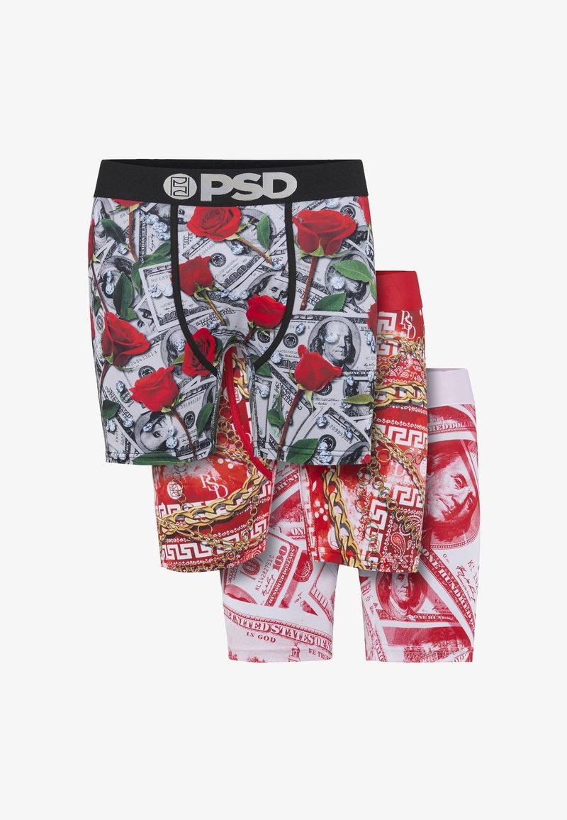 Trois paires de caleçons boxer pour hommes avec des motifs d'argent et de roses, comprenant des combinaisons de couleurs rouge, blanc et noir, avec le logo PSD sur la ceinture.