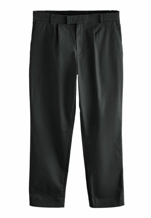 Juodi kelnės su tiesiomis kojomis, priekyje su klostėmis ir elastingu juosmeniu, pagamintos iš lygaus, lengvo audinio.