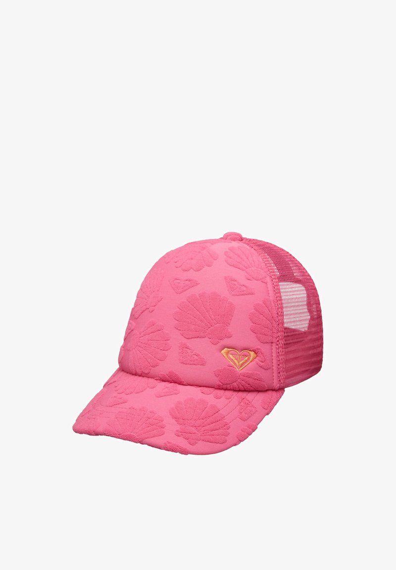 Casquette de baseball rose à dos en mesh avec motifs de coquillages en relief et petit logo en forme de cœur jaune sur le panneau avant.