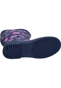 Navy rubber boot with pink floral pattern, rounded toe, smooth surface, and textured tread sole. Sole features a circular center accent.