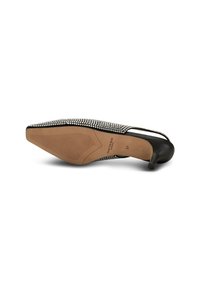 Schwarzer Slingback-Schuh mit spitz zulaufender Zehenpartie und Stilettoplatte. Überzogen mit Strasssteinen, mit einem glatten Leder-Rücken und strukturiertem Sohlen.