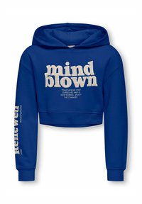 Blå kort hoodie med dragsko i huvan. Har stora vita texter på framsidan och ärmen, tillverkad av en bomullsblandning.