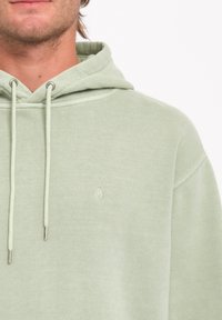 Lichtgroene hoodie met een zachte textuur, voorzien van een capuchon met trekkoord en een klein logo op de borst. Comfortgerichte ontwerp, casual pasvorm.